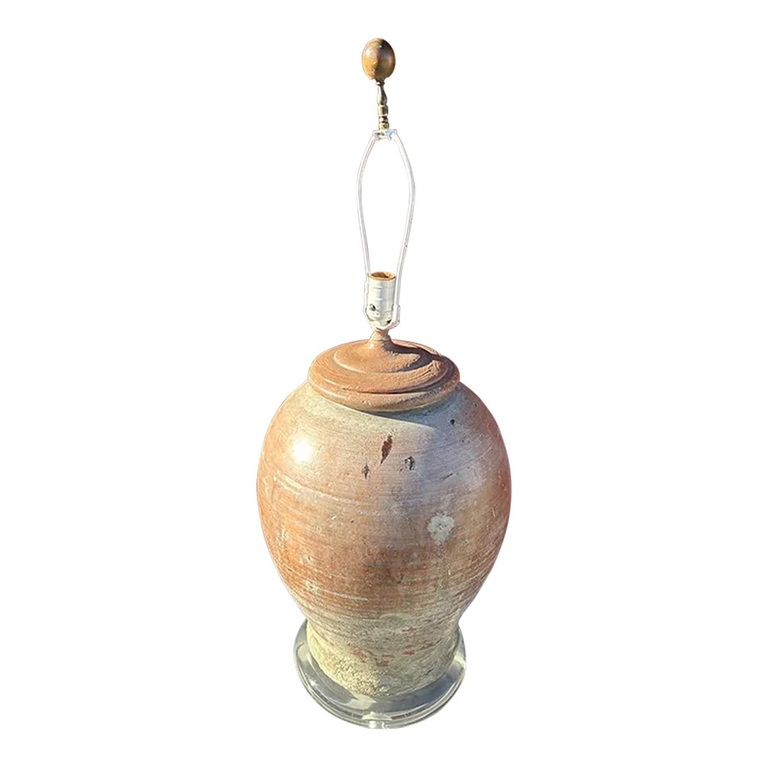 Vintage Distressed Terra Cotta Clay Table Lamp: Vintage large terra cotta table lamp with a lucite base. Wood finial w/harp. Perfect Rustic European look distressed with shades of peach to light gray. Very heavy. 23in h x 12in round x 9in base 33in