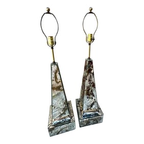 Pair of Vintage Mirrored Gold Leaf Glass Obelisk Table Lamps