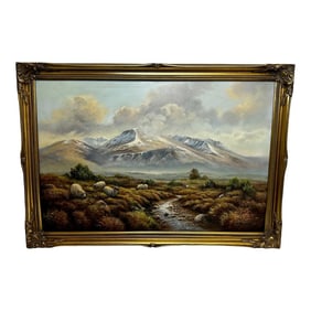 Oil Painting Scottish Highlands Sheep Grazing Ben Nevis Range by Wendy Reeves C1990's Framed