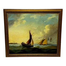 Nautical Georgian Seascape Oil Painting French Fishing Boat Heading Out Brisk Winds