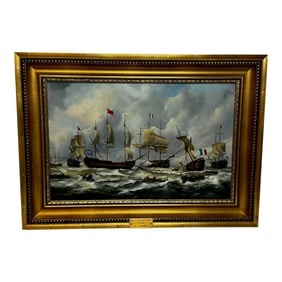 Oil Painting Naval Battle Quiberon Bay 1759 Admiral Hawke Against French Admiral Comte De Conflans,