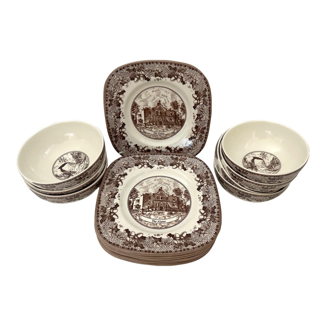 Johnson Bros. Historic America II "Alamo" Salad Plates & Bowl Set of 15: Johnson Bros. Historic America II England "Alamo" Salad Plate & Bowl Set of 15 Perfect to mix and match with the Copeland Spode I have for sale in my listings. Dish and Micro safe. 8-Salad plates squa