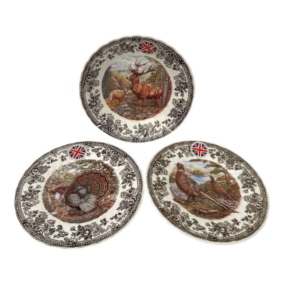 Harvest "Quintessential Game" Salad/Soup Plate Set of 3: Quintessential Game plates & bowl set of Harvest Animals scenery surrounded with floral print. Pheasant, Turkey and Stag. Great to mix & match with other dinnerware in the same theme. made in England