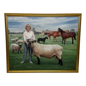 Historic British Portrait Oil Painting Camilla Parker Bowles Wiltshire Farm Prized Sheep & Horses, F