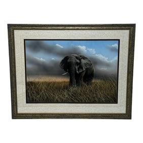 1990s Large British Painting Gray Bull Elephant About to Charge Kruger National Park Follower of Dav