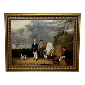 19th Century Hunting Shooting Party Oil Painting Dogs With Lord Gray Top Hat With Purdey Gun