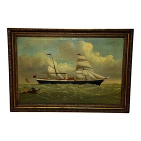 Large Historic Antique Victorian Seascape Oil Painting Steamer Ship Ss Miranda Polar Artic Expeditio