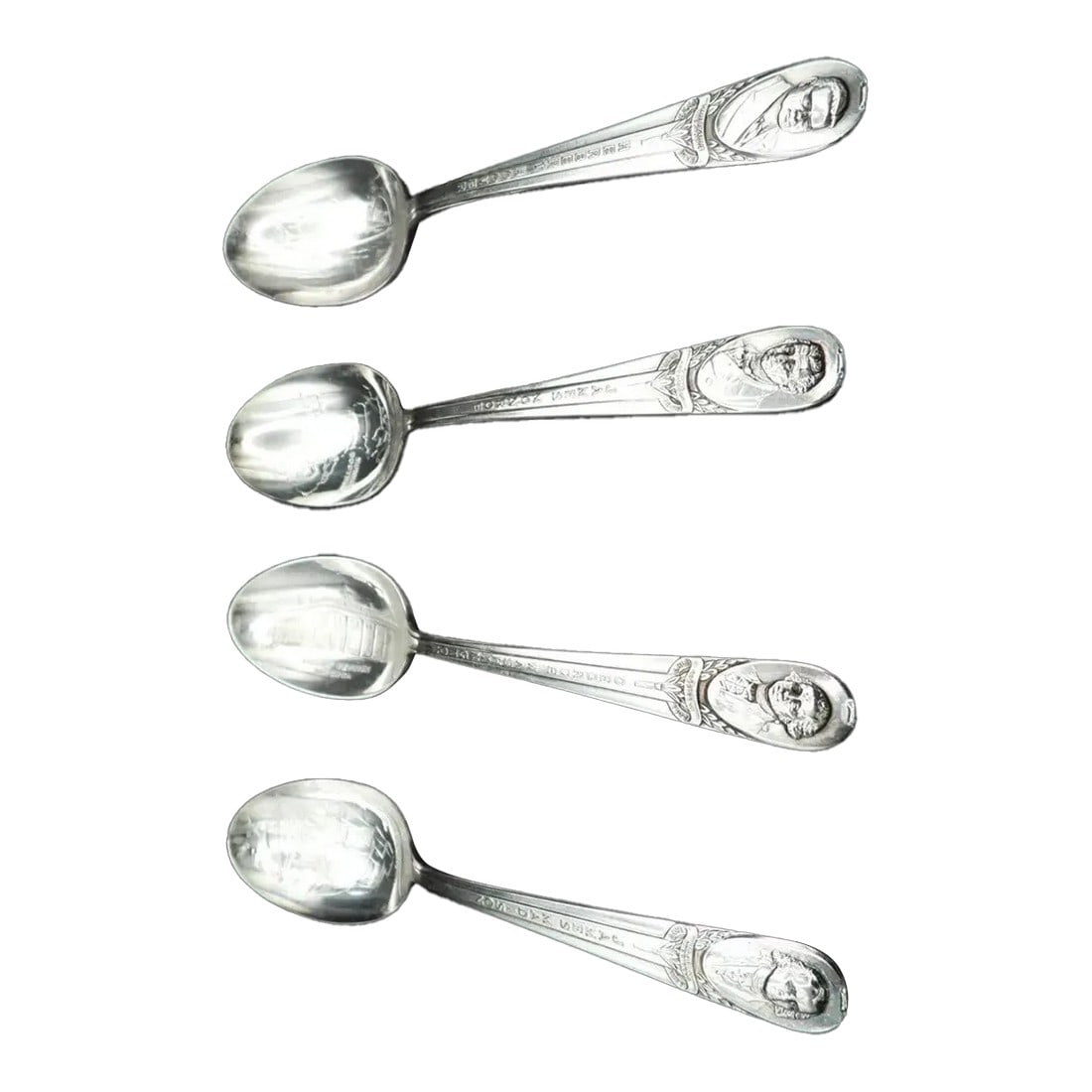 1960s Rogers Silverplate Presidents Tea Spoons Washington Monroe Madison Hoover- Set of 4: This marvelous set of 4 President spoons are created in gorgeous silver plate by Wm, Rogers Manufacturing Co. Each spoon has the president's bust at the top of the handle, followed by his name. The bo