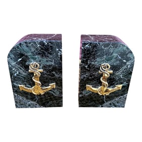 Vintage Set of Green Marble Bookends W/Brass Anchor Motif