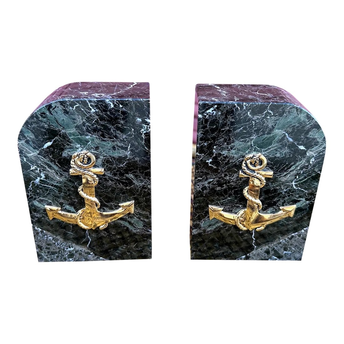 Vintage Set of Green Marble Bookends W/Brass Anchor Motif: Vintage set of Green Marble Bookends with Brass Anchor Motif. Perfect for the man in your life, beach house, office etc. 6in h x 4in w x 2in d A5 unit132 Condition: Alterations: Original Condition Una