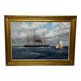 Large British Marine Seascape Oil Painting Hms Warrior First Ironclad Ship by John Steven Dews Circa