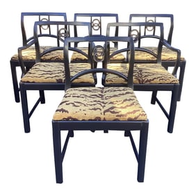1950s Set of Six Black Lacquered Michael Taylor for Baker Attributed Dining Chairs in Kravet Tiger E