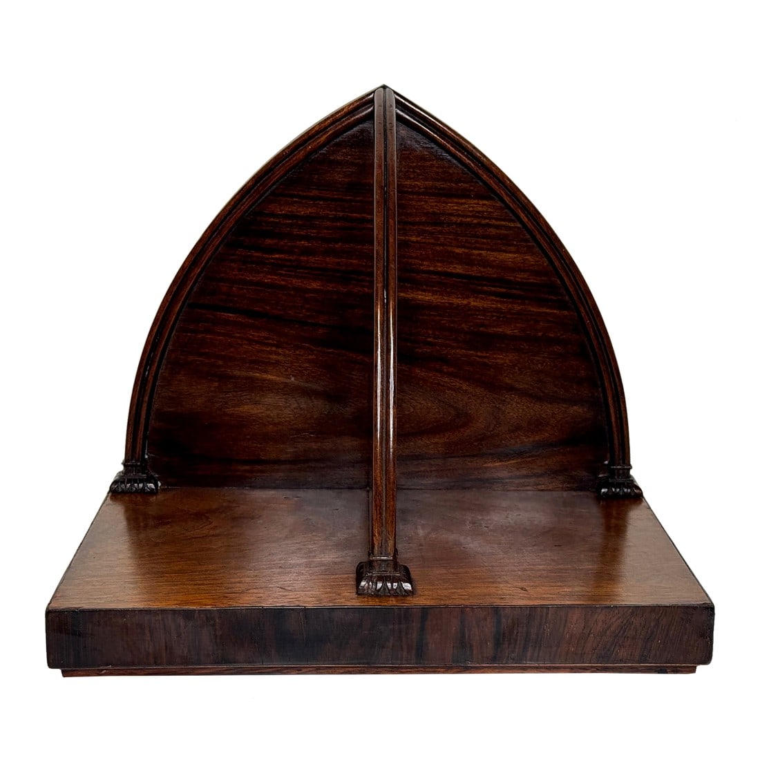 Early 19th Century Small Gothic Ecclesiastic Convent Georgian Wall Mounted Bookends Shelf: 1 British Antique Small Gothic Convent Ecclesiastic Georgian Hardwood Wall Mounted Bookends Shelf Bracket. It has been beautifully handmade, reeded & featuring a curved sloping back Gothic design, tha