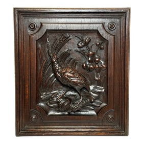 Mid 19th Century English Carved Tiger Oak Victorian Pugin Design Wall Hunting Sculpture Grouse Panel
