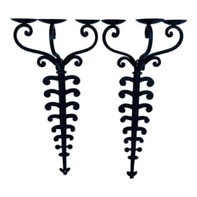 Three-Arm Hand-Forged and Hammered Iron Candle Sconces-a Pair