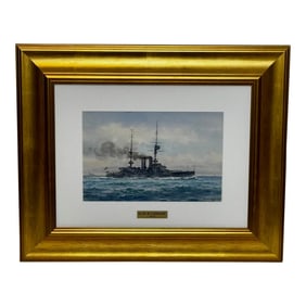 Historic Seascape Painting Battleship HMS London 1914 Guardian of the British Expeditionary Force Ww