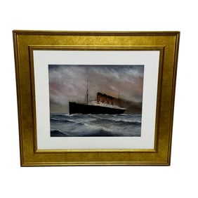 1950s British Oil Painting Ship RMS Lusitania Cunard Line Captain William Turner Before Being Sunk,