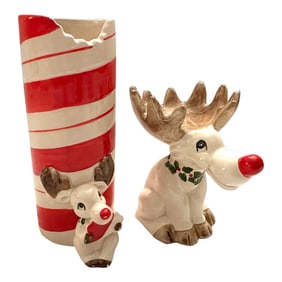 Fitz & Floyd "Rudolph" Votive Candle Holder & Match Holder W/Strike Set of 2