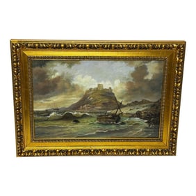 Mid 19th Century Victorian Oil Painting Historic Bamburgh Castle Shipwreck Beached Follower John Wil
