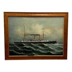 Antique British Framed Oil Painting Ship Blake Class Cruiser Royal Navy HMS Blenheim