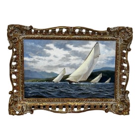 Oil Painting Seascape Regatta Yacht Race 1894 Britannia & Vigilante With Valkyrie II & Satanita on C