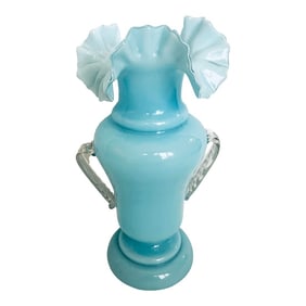 Fenton Blue Overlay Crimped Vase