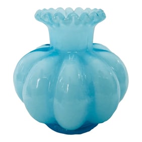 Fenton Blue Cased Glass Ruffled Edge Bud Vase