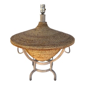 Vintage 90's Twisted Raffia Table Lamp on Metal Stand