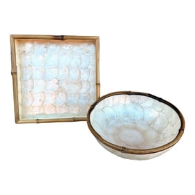 Vintage Capiz Shell Serving Tray & Bowl Set