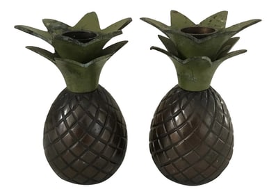 1980s Tommy Bahama Brass Verdigris Pineapple Candlestick Holders - a Pair