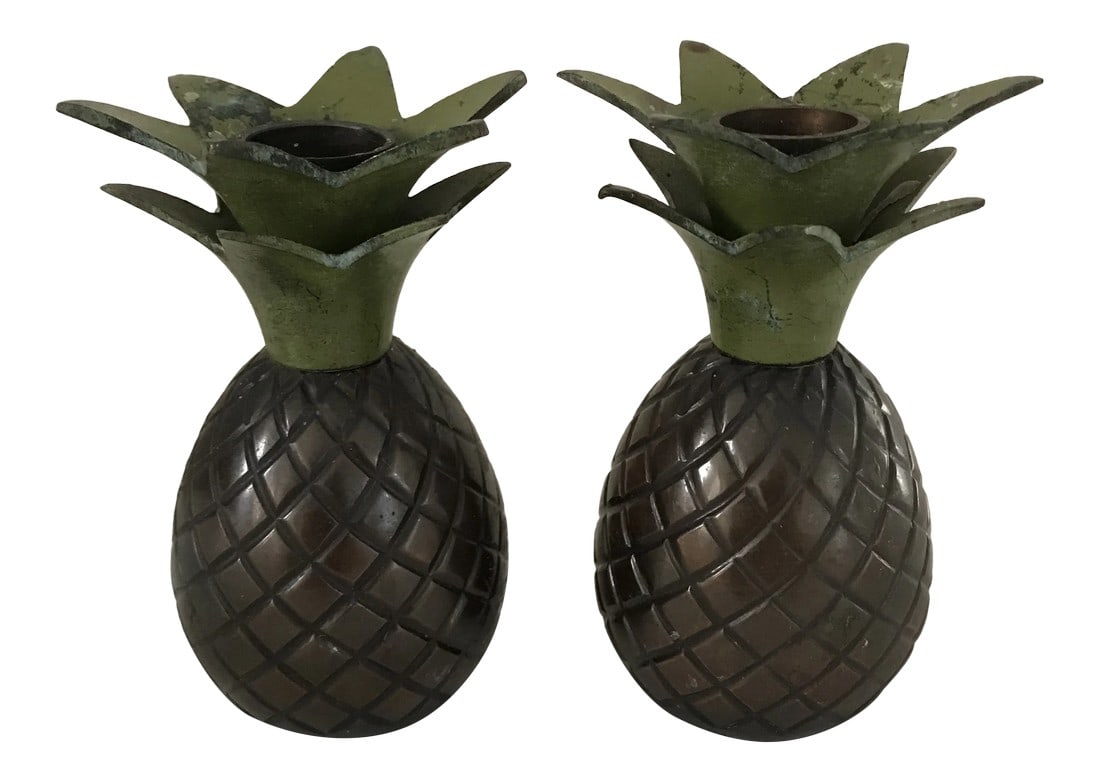 1980s Tommy Bahama Brass Verdigris Pineapple Candlestick Holders - a Pair: Pair of Tommy Bahama Brass Verdigris Pineapple Candlestick Holders. 4.5in h x 2.5w x 3in top. Great addition to any beach theme party. Condition: Alterations: Original Condition Unaltered Imperfection