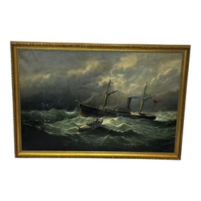 Dramatic Large Victorian Marine Oil Painting Dundee Steam Whaler in Distress, Rescued by Rnli Lifebo
