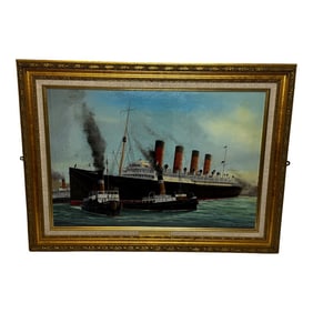 Large British Oil Painting Tugboats Egerton and Wellington Docking the RMS Mauretania Ship at Liverp