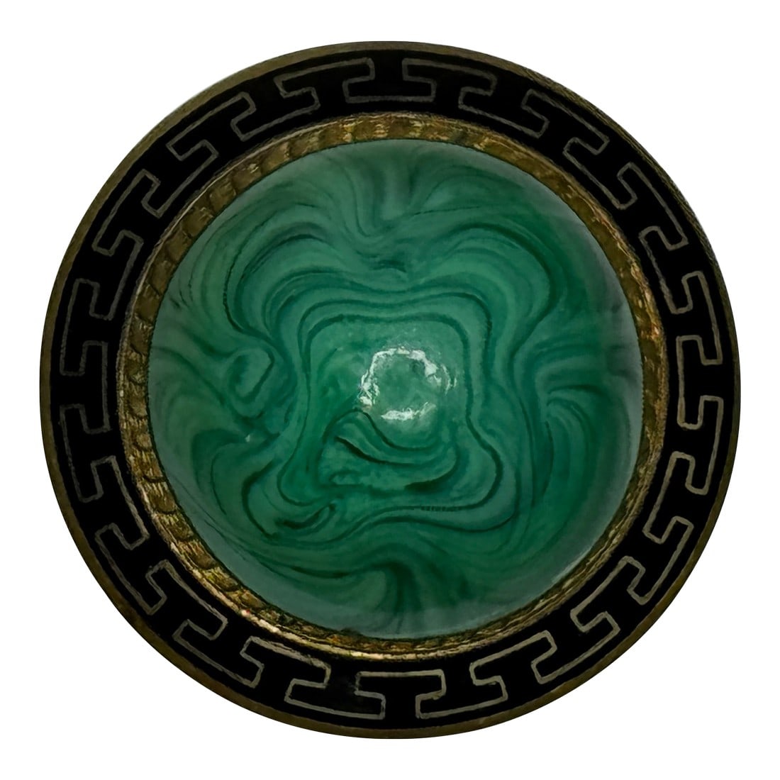 Beautiful Malachite & Greek Key Enamel Brooch, c.1865 – Neoclassical Revival: Victorian Malachite & Greek Key Enamel Brooch, c.1865 – Neoclassical Revival A beautifully preserved mid-19th-century brooch exemplifying Victorian Neoclassical Revival design. This finely craft