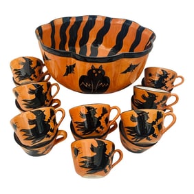 Vintage 2001 Laurie Gates Halloween Serving Bowl & Cups-a Set