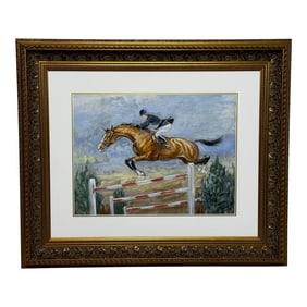 Equestrian Painting Leap of Legend: Pat Smythe and Finality, 1949 Exhibited: Paris Salon, 1956 Frame
