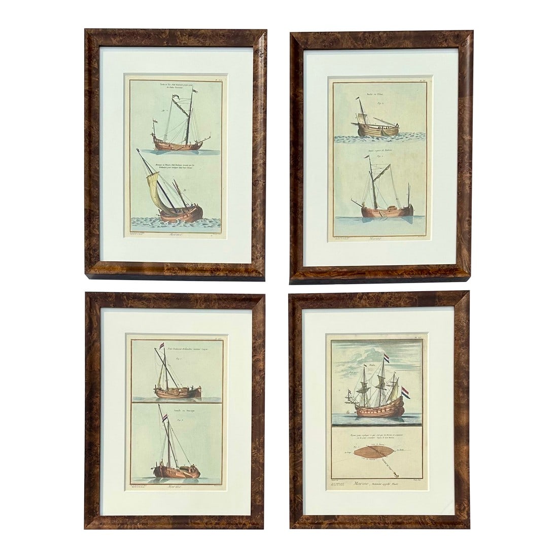 Mid 18th Century Set of Four Framed French Maritime Ship Engravings: Set of 4 original hand colored copperplate engravings of ships, engraved by Bernard Direxit published in Denis Diderot's Encyclopédie, circa 1750. The engravings depict various sailing vessels, r