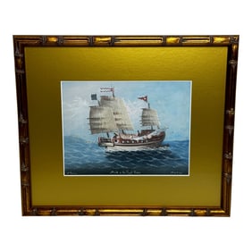 Antique Colonial Nautical Painting Hong Kong School Gouache, Outbound Junk on the Pearl River, Hong