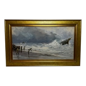 Large Gilt Framed Victorian Painting High Tide Off Trebarwith Strand Dramatic Cornish Shipwreck by C