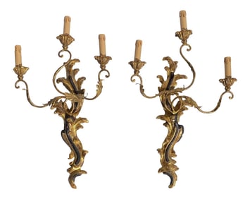 1960s Italian Hand Carved Wood & Metal Three Light Sconces - a Pair