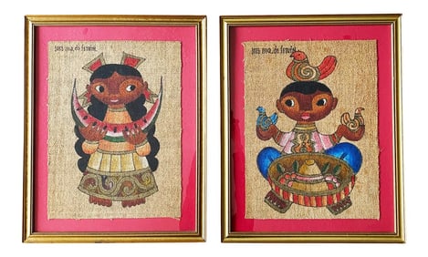 Jose Maria De Servin Mid 20th Century Mexican Figurative Folk Art Portrait Oil Paintings - a Pair