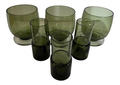 Vintage Mid-Century Modern Olive Green Lowball & Shot Glasses-A Set
