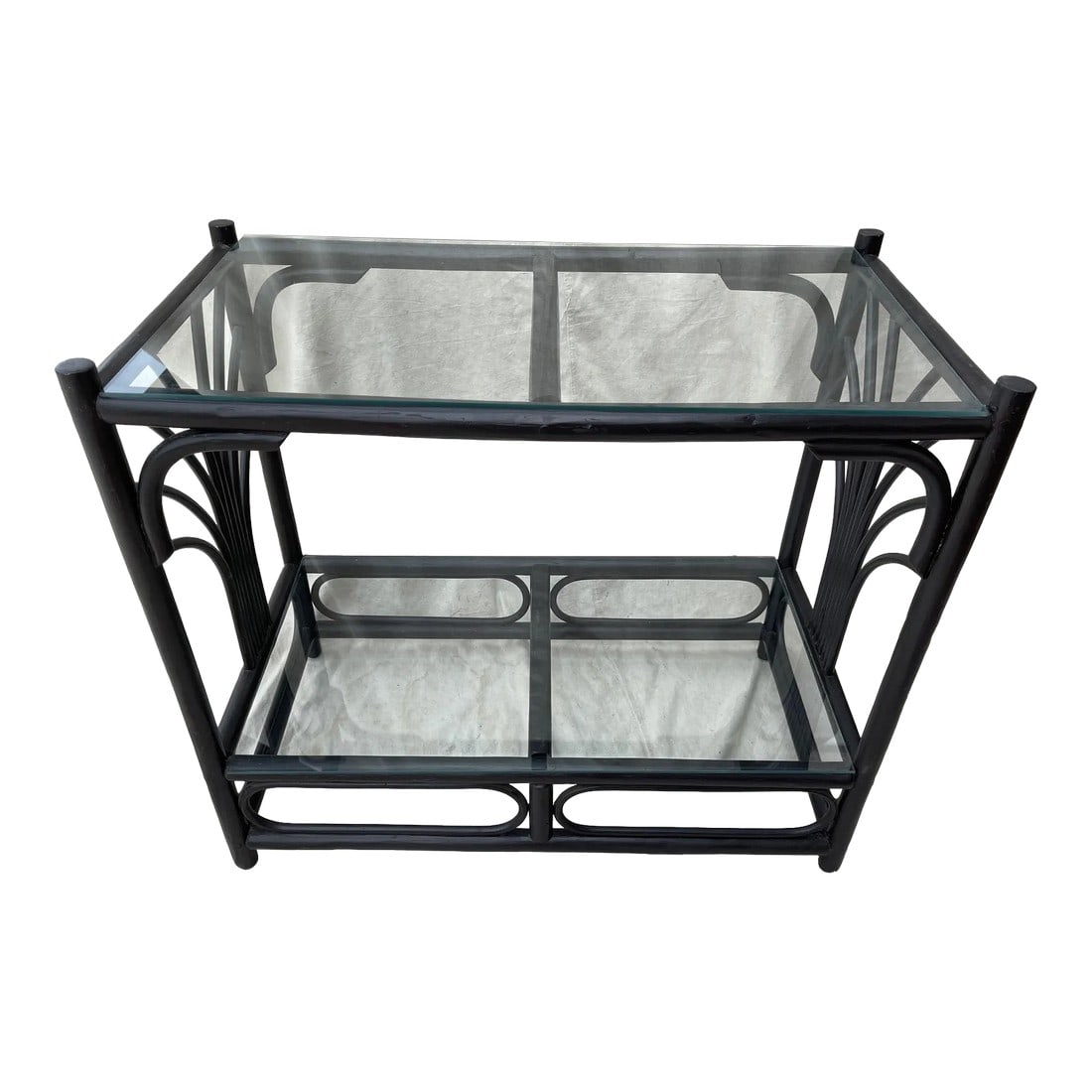 Vintage Mid-Century Modern Ficks & Reed Black Bamboo 2 Tier Open Etagere: Vintage MCM Black Bent Bamboo Ficks & Reed Style 2 Tier Etagere. This also could be a great bar cart just attach some wheels and away you go. Glass shelves that are removable. Bottom shelve is 9in h a