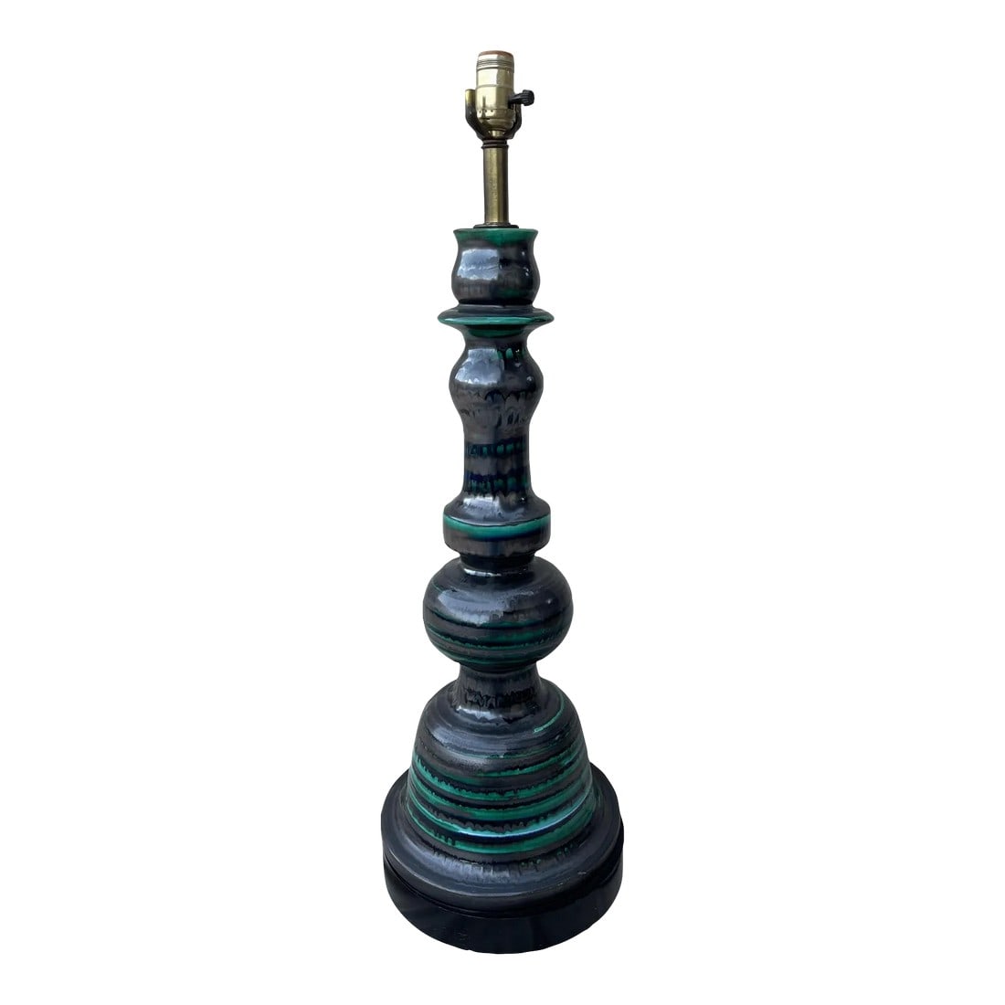Mid-Century Modern Berger Triple Balaster Tall Gunmetal Gray Drip Glazed Table Lamp: MCM Berger Tall Triple Baluster Gunmetal Gray with Green and Blue Drip Glaze. Sits on a 1.75in high base. Harps say Berger and socket has Underwriters Lab. Would look great in a office or teen room. P