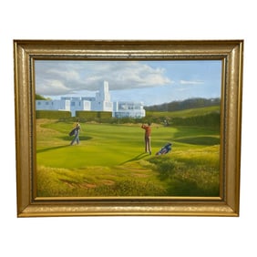2000s English Sport Oil Painting of Golf Players Royal Birkdale Southport, Framed