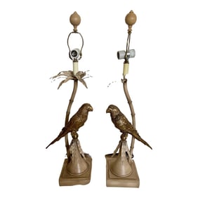 Gold Parrot Palm Tree Tole Table Lamps - a Pair