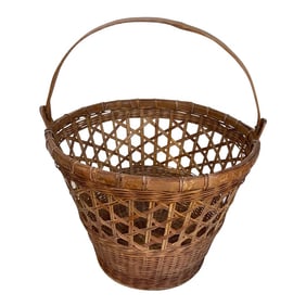 Vintage Mid-Century Split Bamboo/Rattan Wastebasket W/Handle