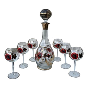 Mid-Century Butterfly/Floral Decanter 7 Piece Set