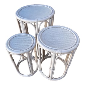 Set of 3 Whitewashed Bamboo Nesting Tables