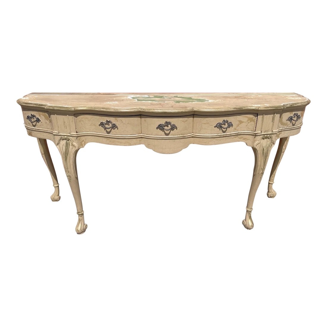 Antique French Louis XV Style Distressed Scalloped Front Console Table: Vintage French Provincial Console Table w/5 Drawers, 2 of which swing outwards. Drawers have dividers that can be removed. Chippy, crackle paint finish with layers of yellow, green, white and gold. Ha